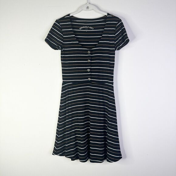 Aero Seriosly Soft Dress Women M Black Striped Skater Knit Bodycon Comfy NWOT - Picture 1 of 7